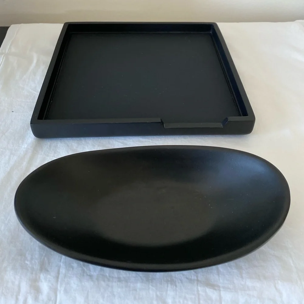 Black home organizers including square tray 10x10, oval melamine trinket holder